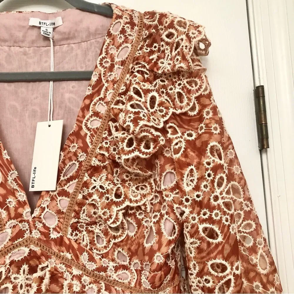 BTFL-Life Dress Brown Eyelet Lace Mini Tiered Layered Ruffled Long Sleeve NWT S